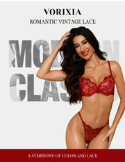 VORIXIA Floral Embroidery Sheer Lingerie Bra & Panty Set
