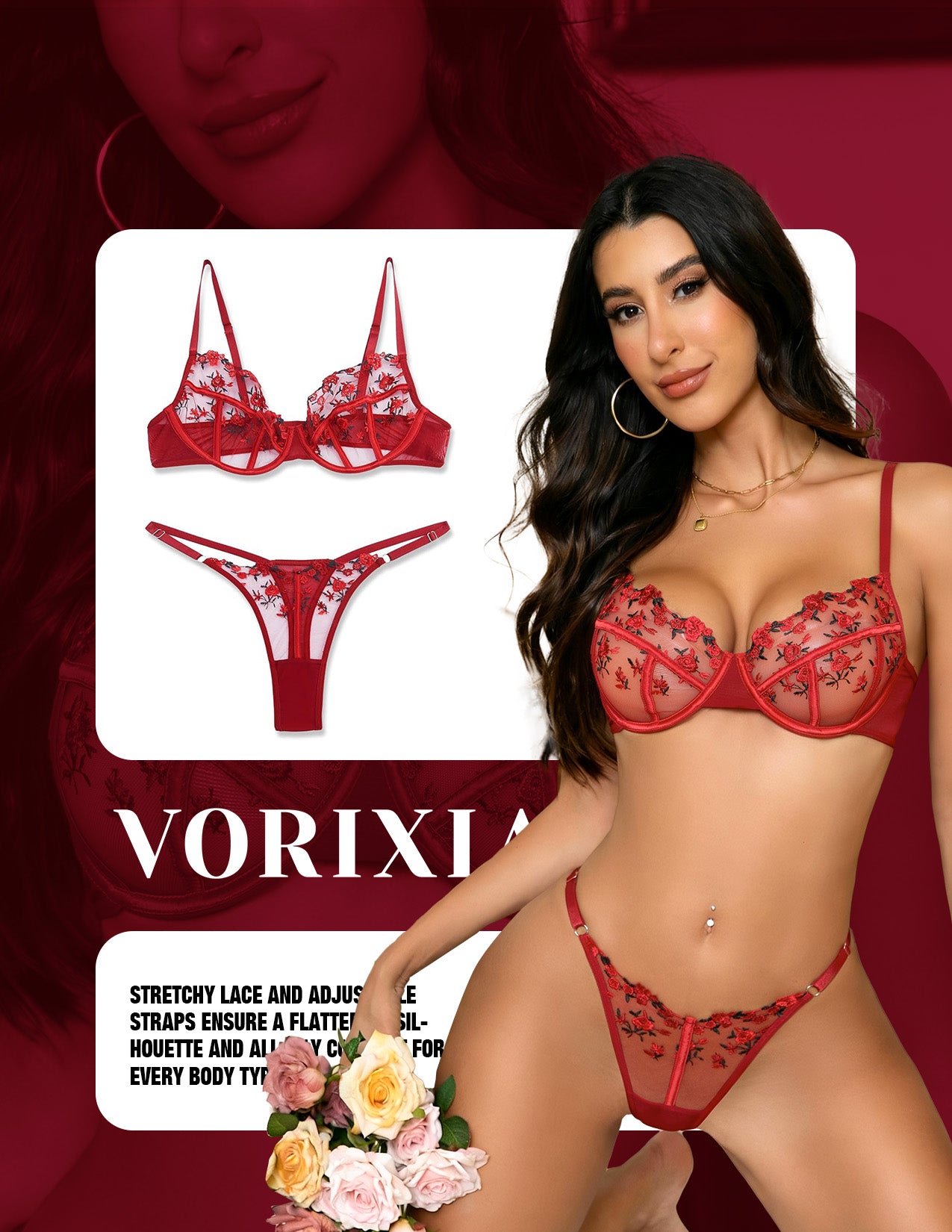 VORIXIA Floral Embroidery Sheer Lingerie Bra & Panty Set