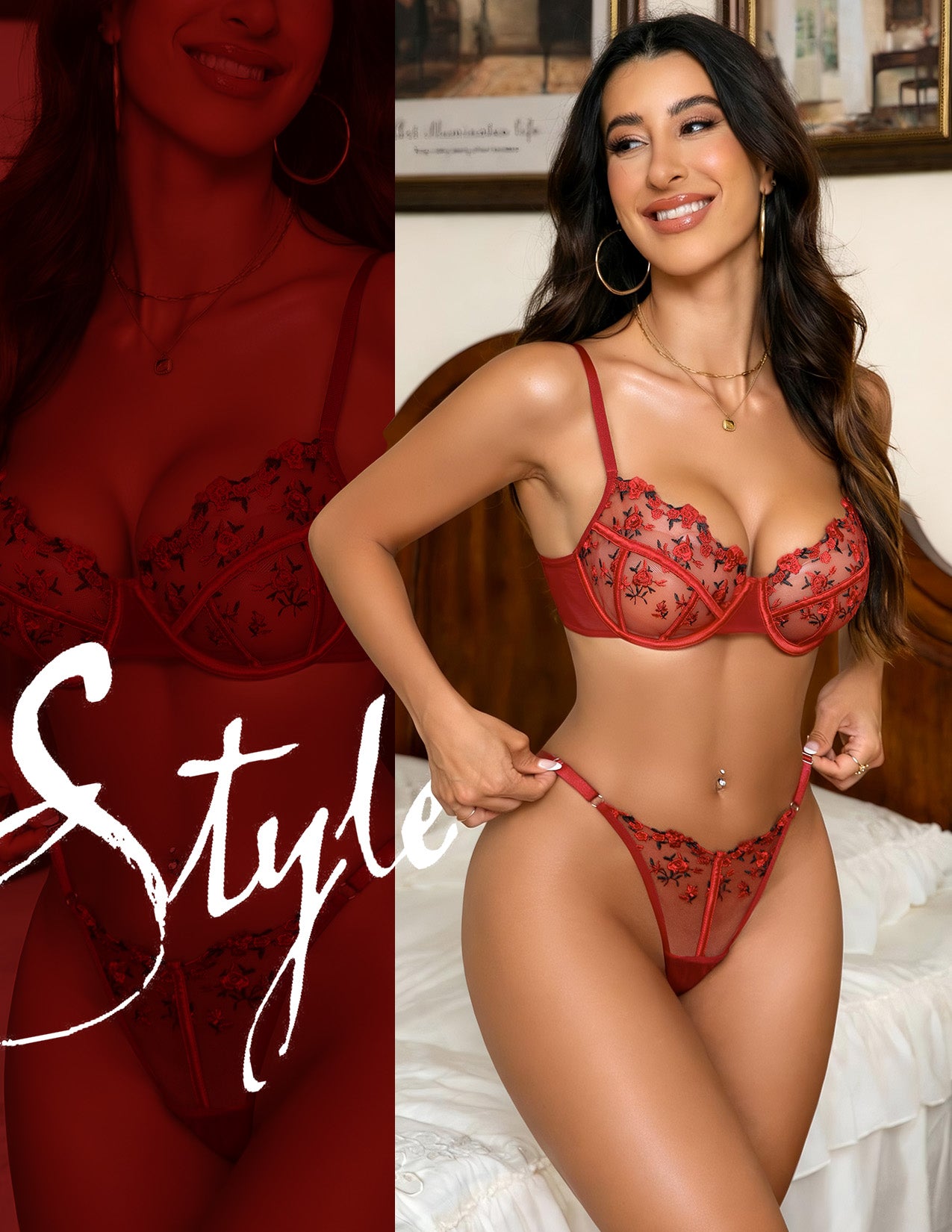 VORIXIA Floral Embroidery Sheer Lingerie Bra & Panty Set