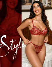 VORIXIA Floral Embroidery Sheer Lingerie Bra & Panty Set