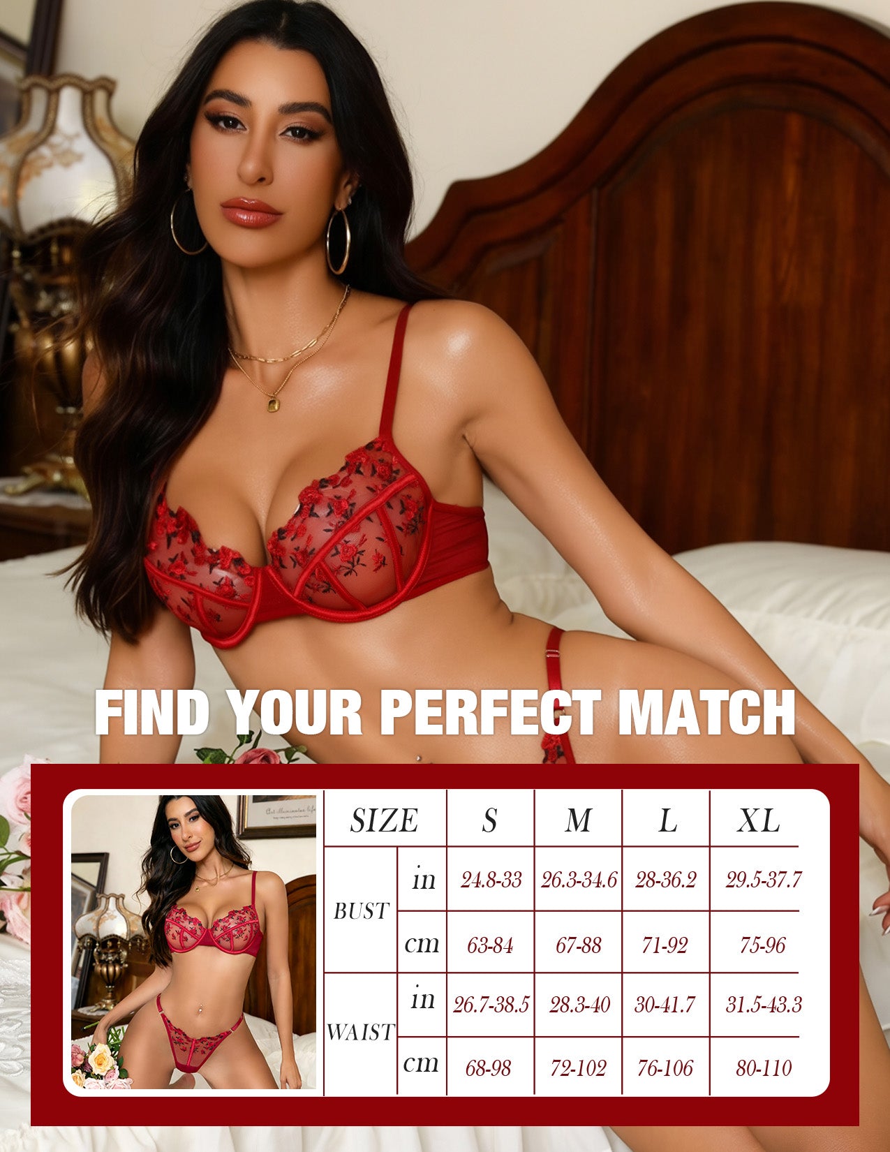 VORIXIA Floral Embroidery Sheer Lingerie Bra & Panty Set