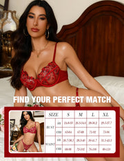 VORIXIA Floral Embroidery Sheer Lingerie Bra & Panty Set