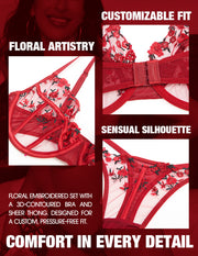 VORIXIA Floral Embroidery Sheer Lingerie Bra & Panty Set