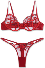 VORIXIA Floral Embroidery Sheer Lingerie Bra & Panty Set