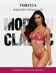 VORIXIA Floral Embroidery Sheer Lingerie Bra & Panty Set