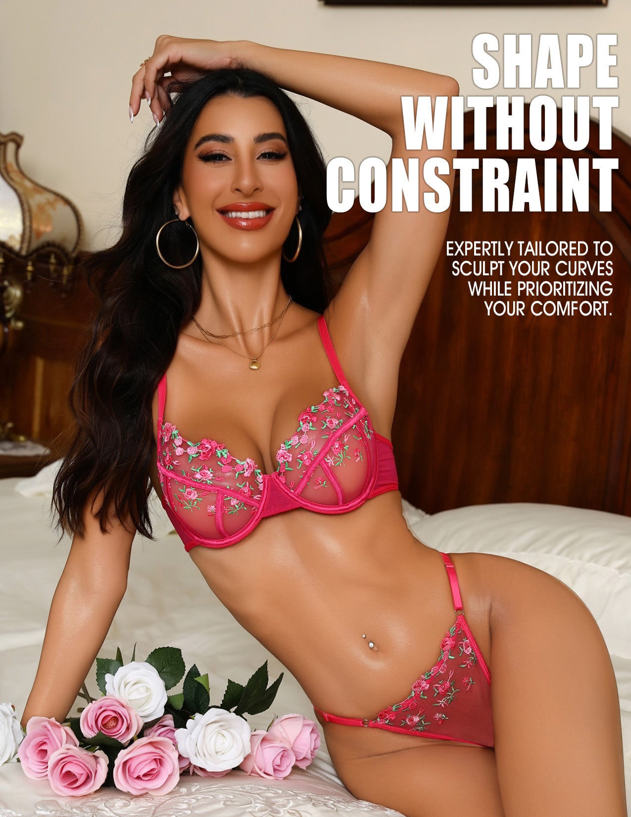 VORIXIA Floral Embroidery Sheer Lingerie Bra & Panty Set