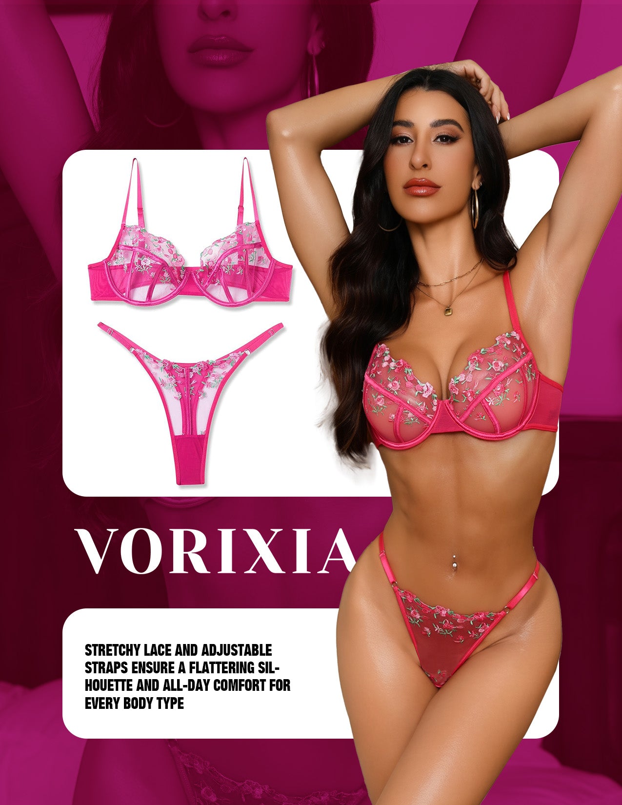 VORIXIA Floral Embroidery Sheer Lingerie Bra & Panty Set