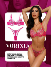 VORIXIA Floral Embroidery Sheer Lingerie Bra & Panty Set
