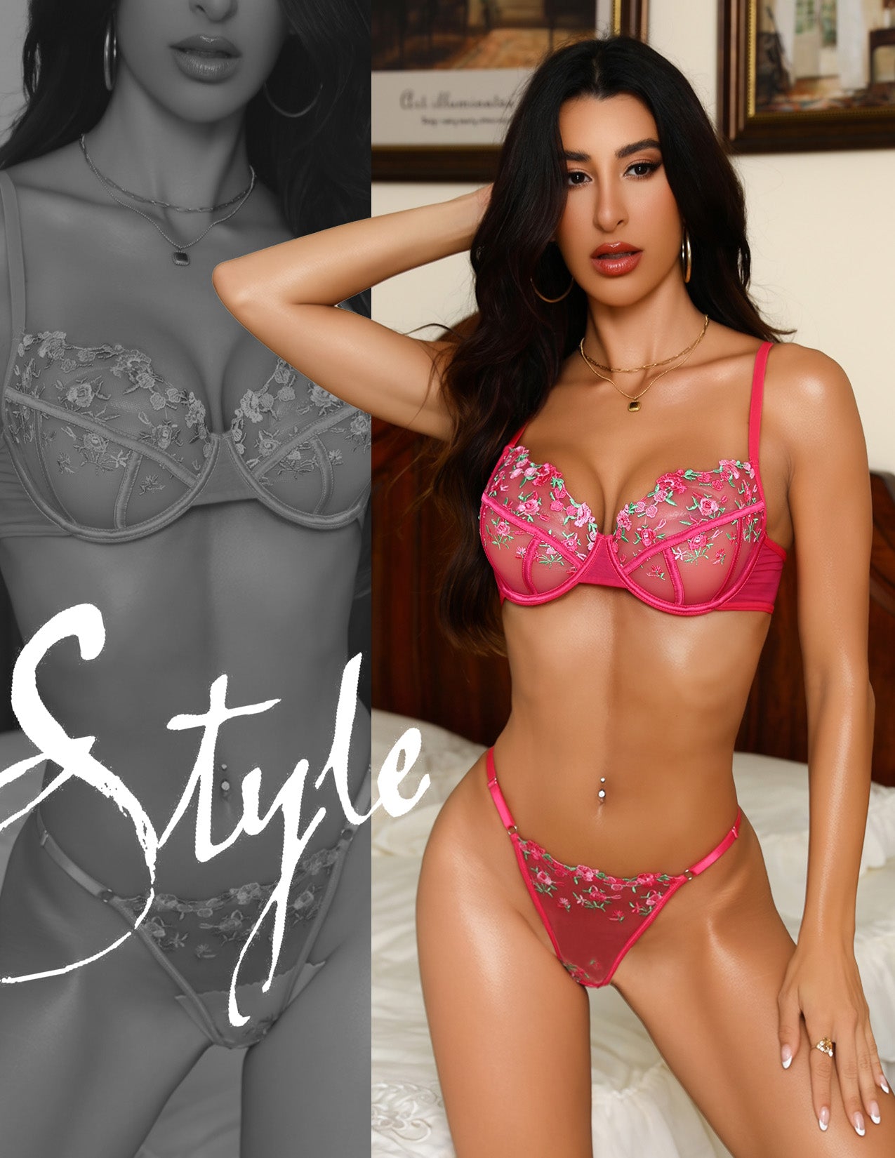 VORIXIA Floral Embroidery Sheer Lingerie Bra & Panty Set