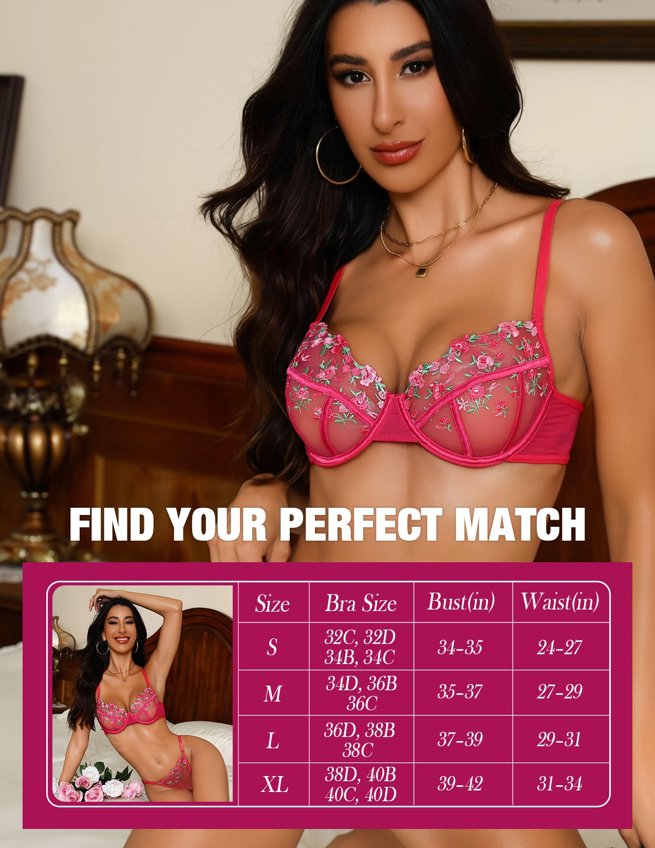 VORIXIA Floral Embroidery Sheer Lingerie Bra & Panty Set