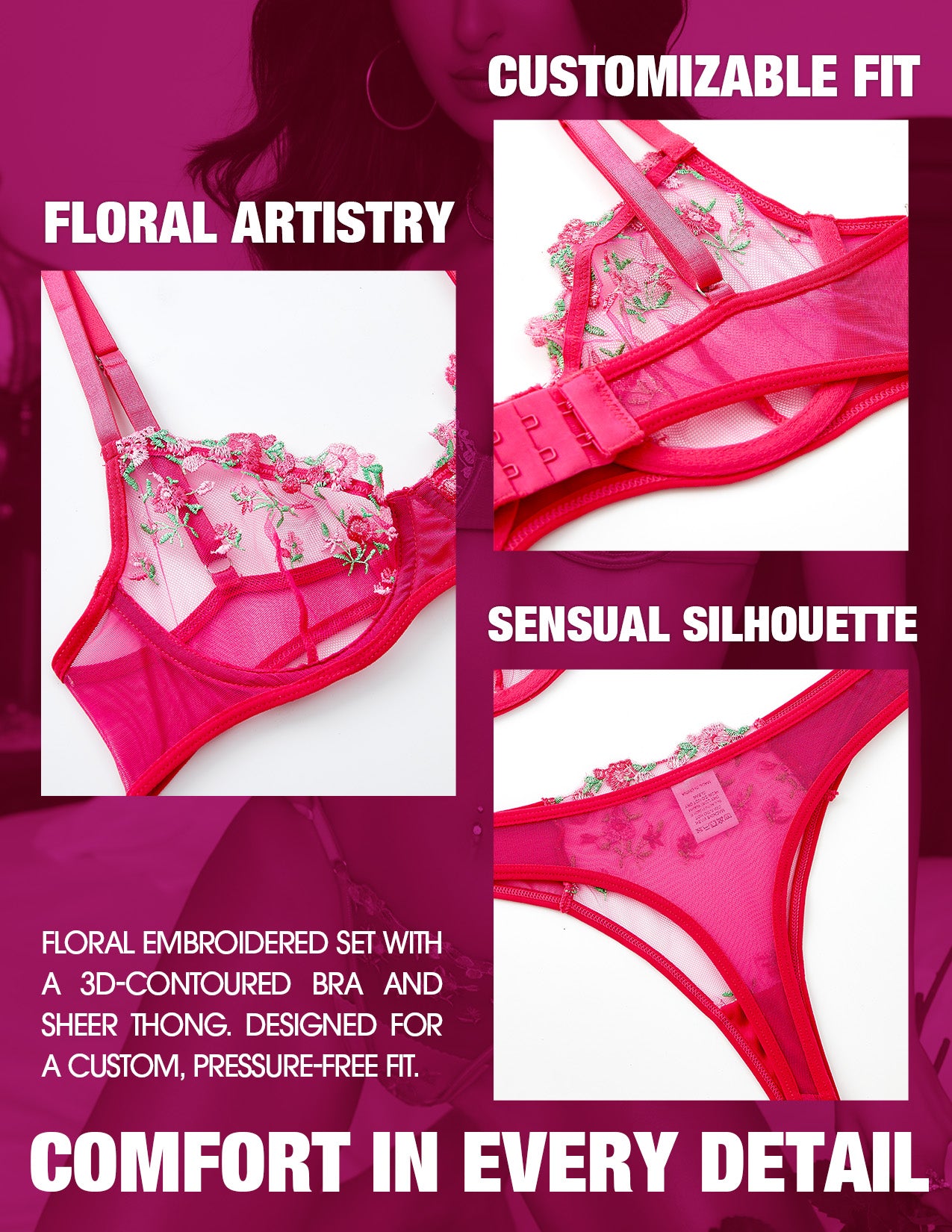 VORIXIA Floral Embroidery Sheer Lingerie Bra & Panty Set