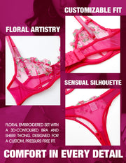 VORIXIA Floral Embroidery Sheer Lingerie Bra & Panty Set