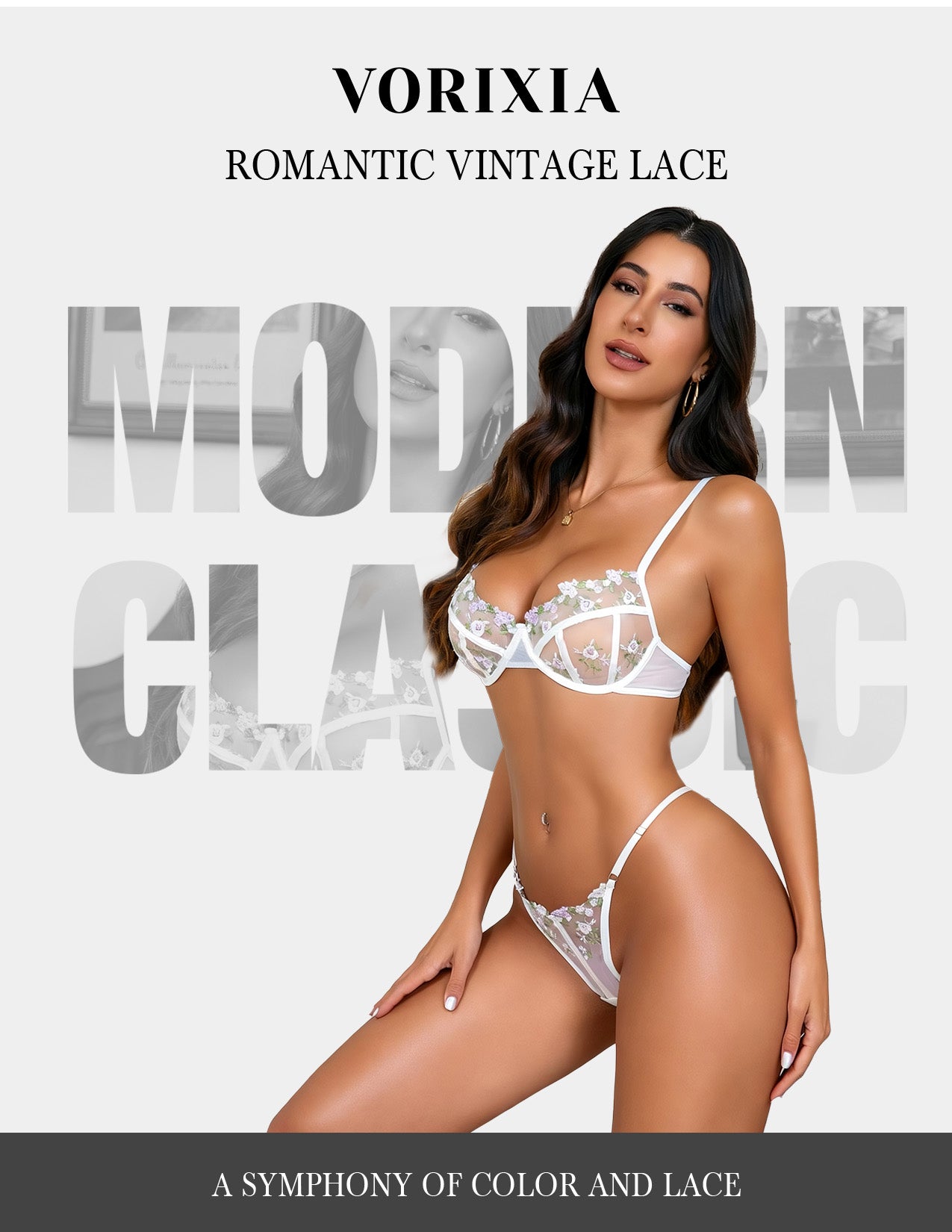 VORIXIA Floral Embroidery Sheer Lingerie Bra & Panty Set