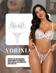 VORIXIA Floral Embroidery Sheer Lingerie Bra & Panty Set