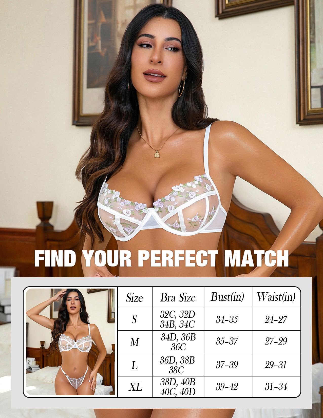 VORIXIA Floral Embroidery Sheer Lingerie Bra & Panty Set