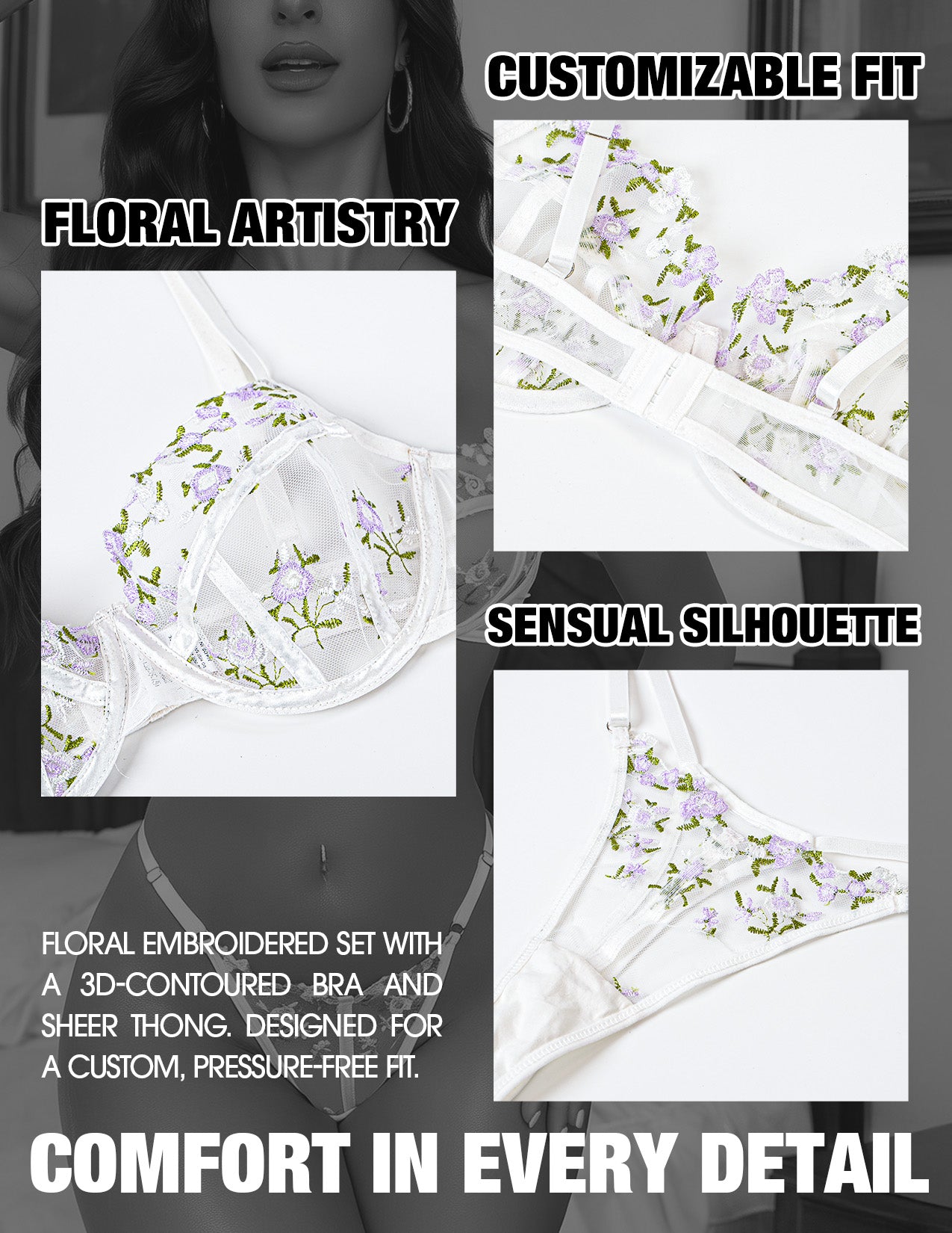 VORIXIA Floral Embroidery Sheer Lingerie Bra & Panty Set