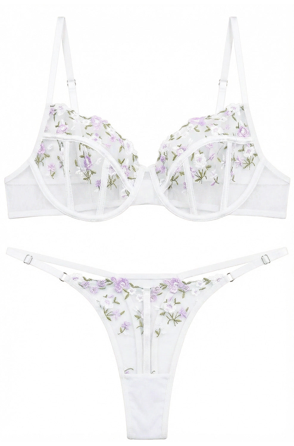 VORIXIA Floral Embroidery Sheer Lingerie Bra & Panty Set