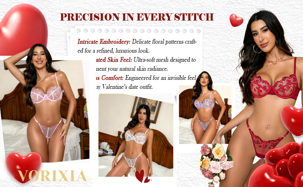 VORIXIA Floral Embroidery Sheer Lingerie Bra & Panty Set product detail 6